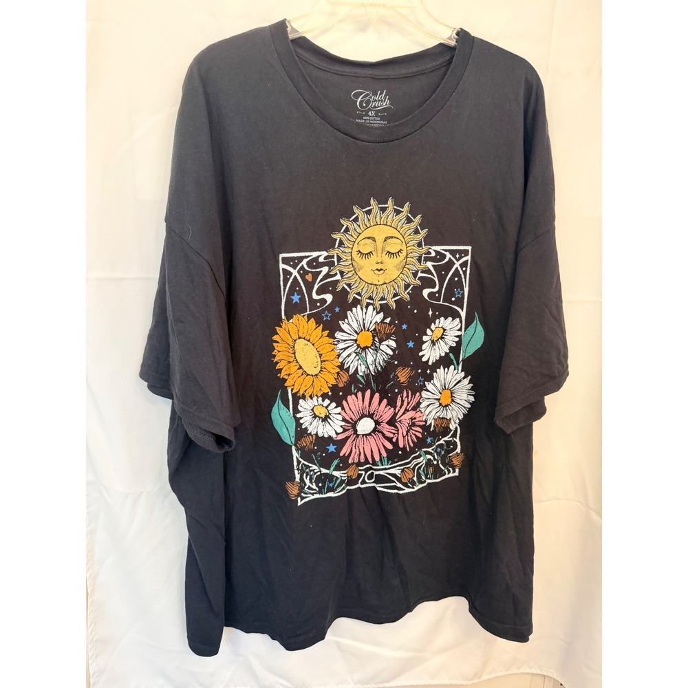 Cold Crush Womens 4X Black Cotton Graphic T-Shirt Sun Floral Celestial Boho Tee